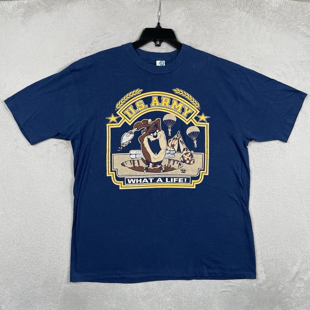 Vintage‎ US Army Looney Tunes Shirt Mens Large Tasmanian Devil Single Stitch USA